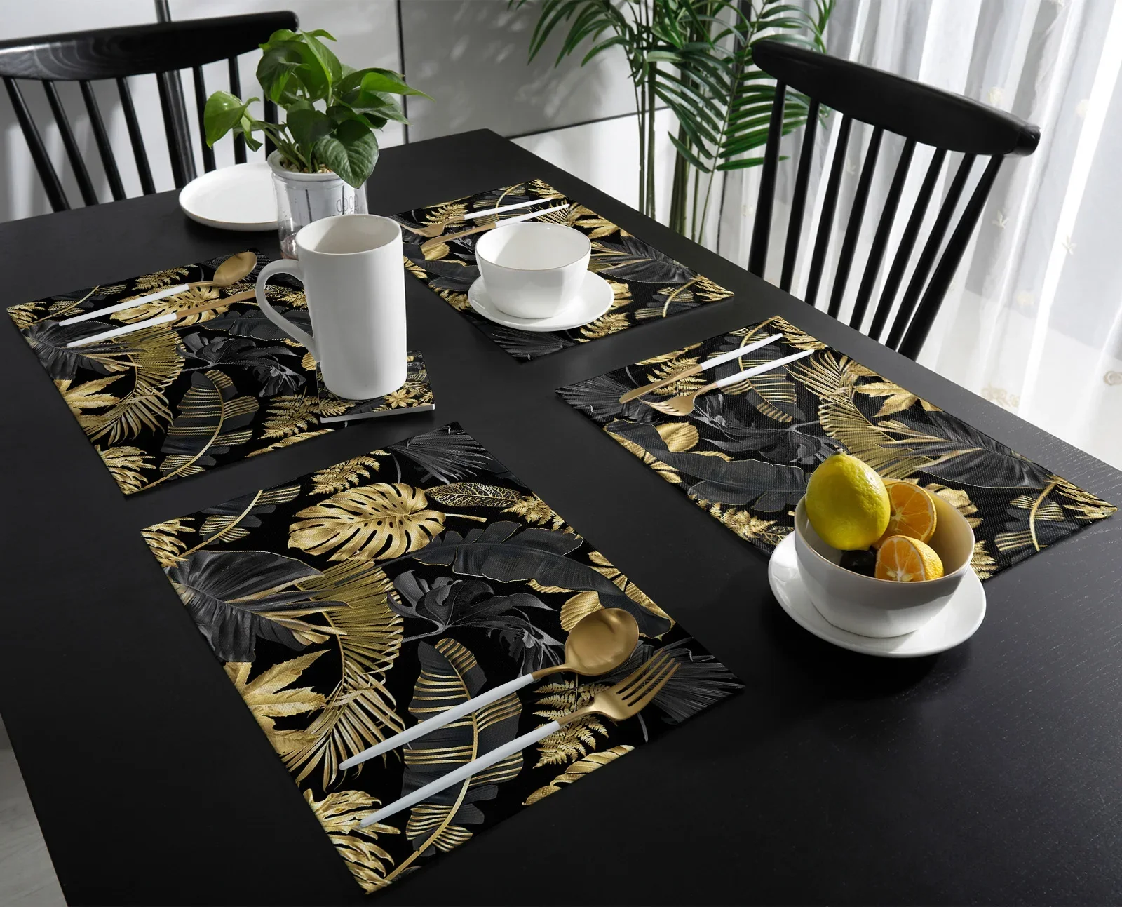 Golden Leaves Black Background Placemat Wedding Party Dining Decor Linen Table Mat Kitchen Accessories Table Napkin