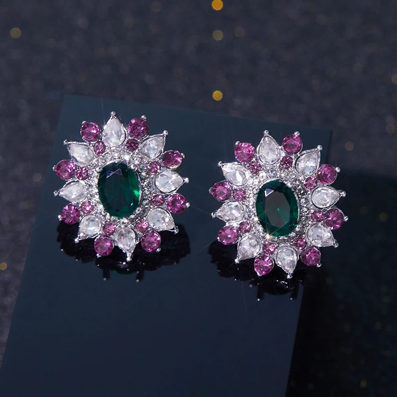 Luxurious Sweet Full Zircon Sparkling Stud Earrings for Women Fashion Flower Wedding Trendy Jewelry Party Gift Accessories