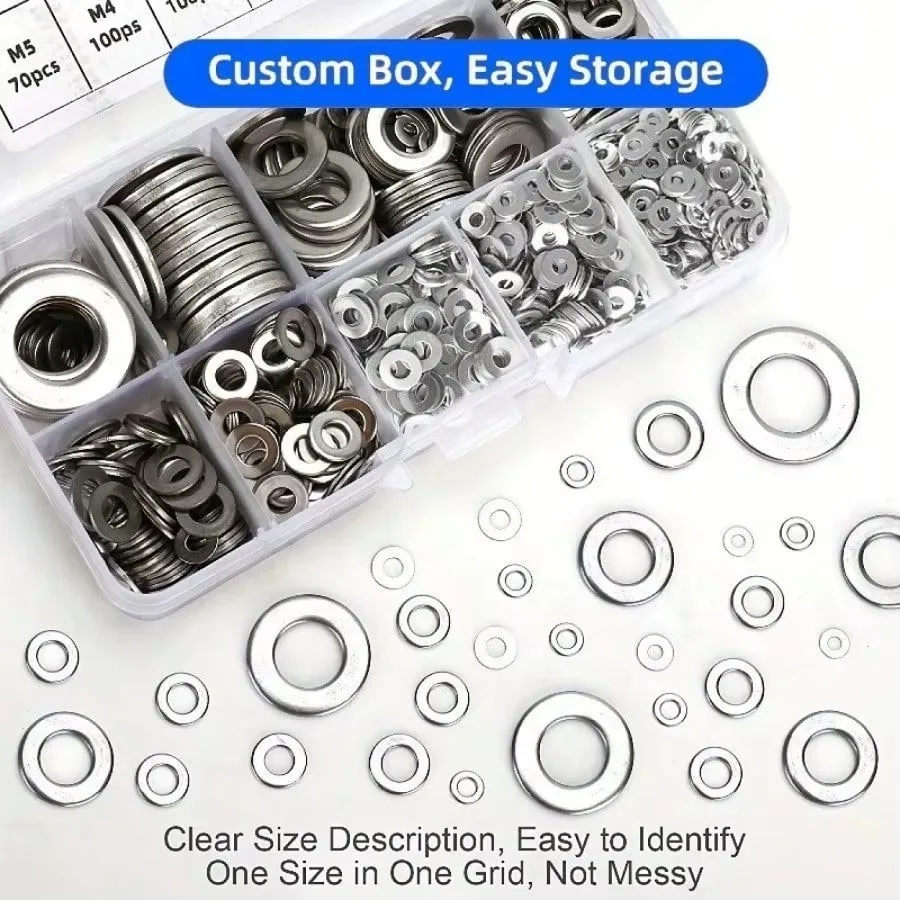 580PCS Stainless Steel Flat Washer Set, Includes 9 Sizes (M2-M12) for Screws, and Mud Flaps - For Home Decor, Factory Repair ﻿ ﻿