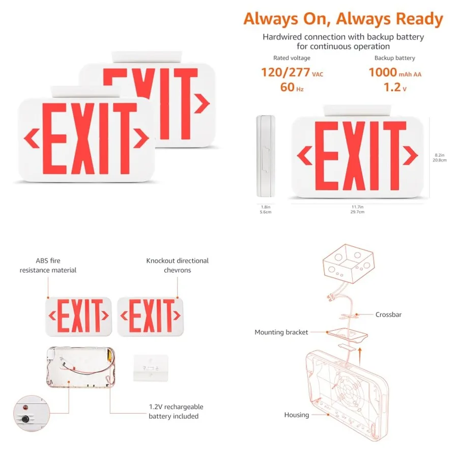

LED Emergency Exit Sign, Double Face, Fire Resistant, UL Certified, Hardwired with Battery Backup, White