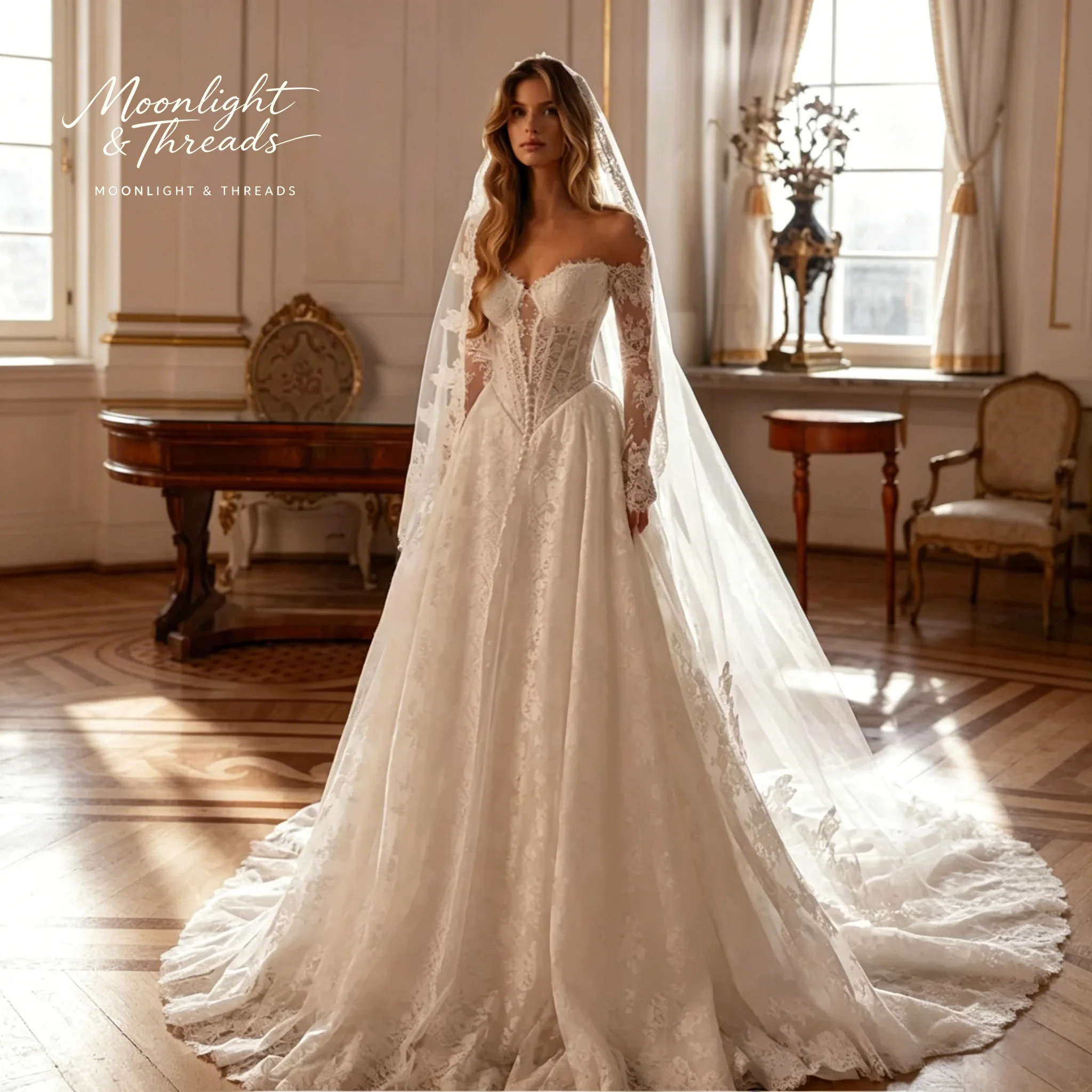 

White Lace Off-Shoulder Long-Sleeved Formal Wedding Dress A-Line Skirt Pearl Decoration Edging Elegant Bridal Gown