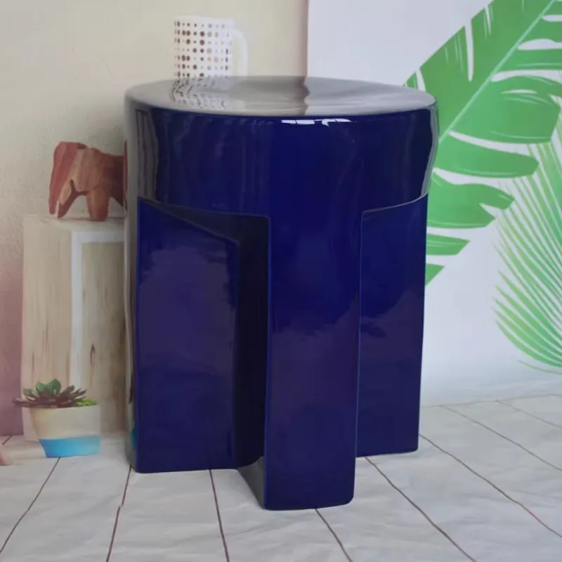Home Living Room Decoration Side Table Dark Blue Ceramic Material Stool Modern Simple Style Coffee Table Vase Display Stand