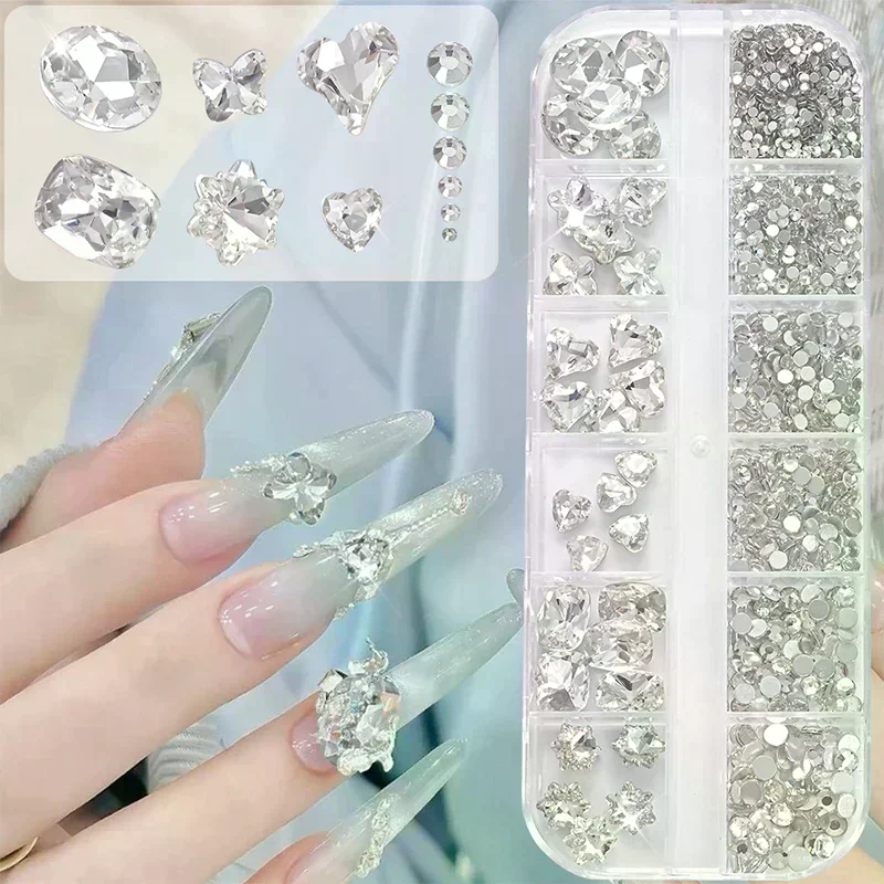 Arte de uñas con diamantes de imitación, 12 rejillas, gemas de cristal planas coloridas, decoración de manicura DIY, diamante de uñas 3D para maquillaje, uñas y manualidades