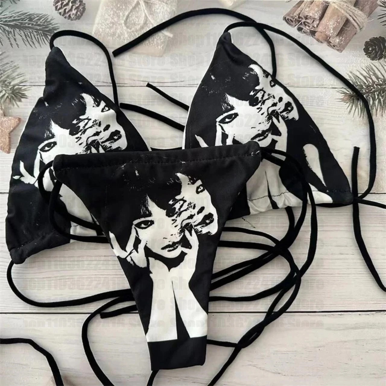 Y2k 2 Pcs/Set Bikini Set Sexy Bikinis 2024 Bathing Suit Frightful Print Halter Neck Strap Thong Women Swimsuit Beach Swimwear