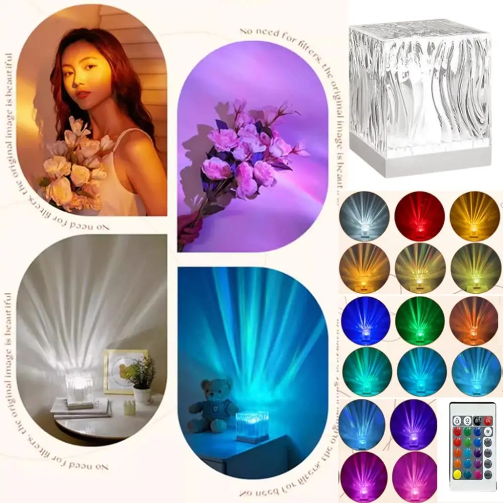 

16 Colors Light Ocean Waves Projector Light USB Cube Water Ripple Crystal Lamp Gradual Remote Control Northern Lights Projector