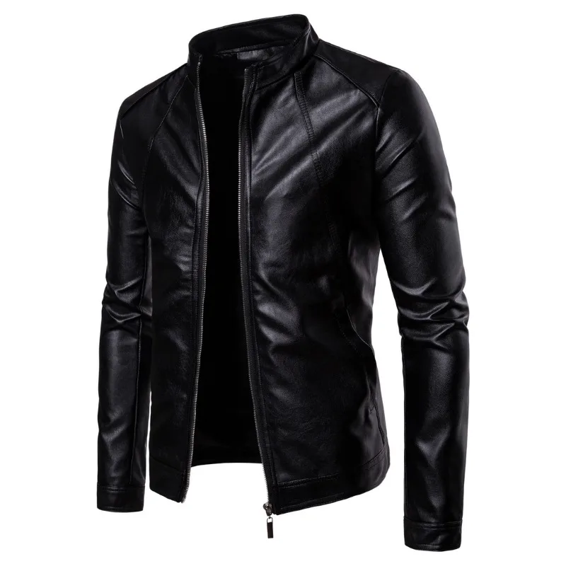 

PU Leather Jackets Mens Business Slim Stand Collar Long Sleeves Solid Casual Zipper Motorcycle Leather Jackets New Men Coats