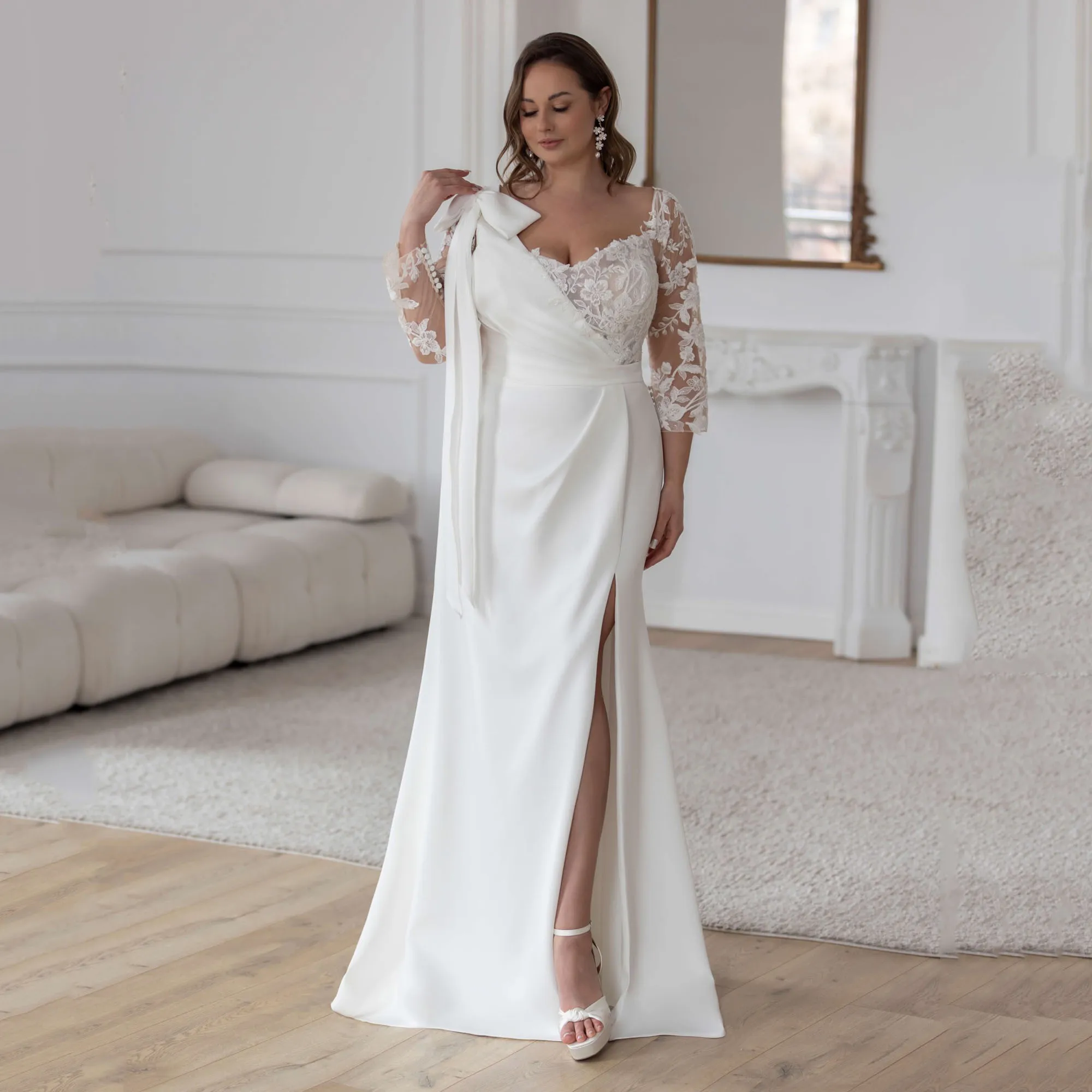 

Plus Size Lace Wedding Dresses 3/4 Sleeve Sweetheart Side Split Mermaid vestido de novia civil Satin Bride Gowns Customized