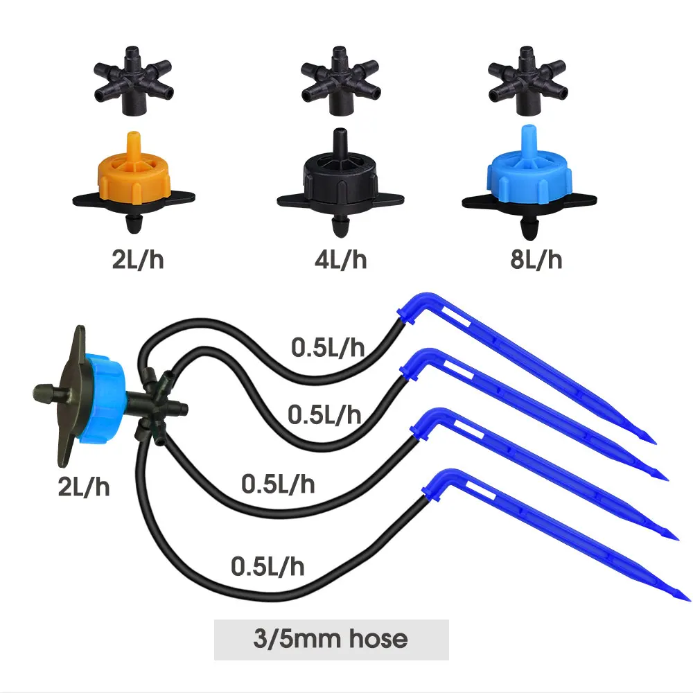 10-100M 3/5mm Blue Elbow Arrow Micro Drip Irrigation Kit 8L/H Dropper 4-Way Emitters Drip for Greenhouse Garden Watering System