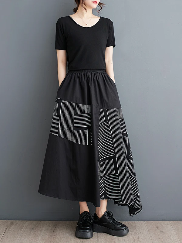 

Authentic Spring Autumn Loose Large Size Print Splicing Design Versatile Half Skirt Sweet Style Casual Cotton Polyester A-Lin...
