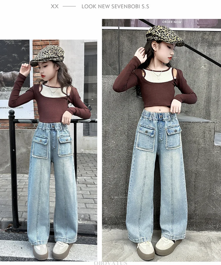 Kinderjeans mit gerader Passform und Fronttasche für Mädchen, Frühling, Baumwolle, Vintage, lässige, lockere Denim-Hose, einfarbige Jeanshose für Kinder – Detail 6