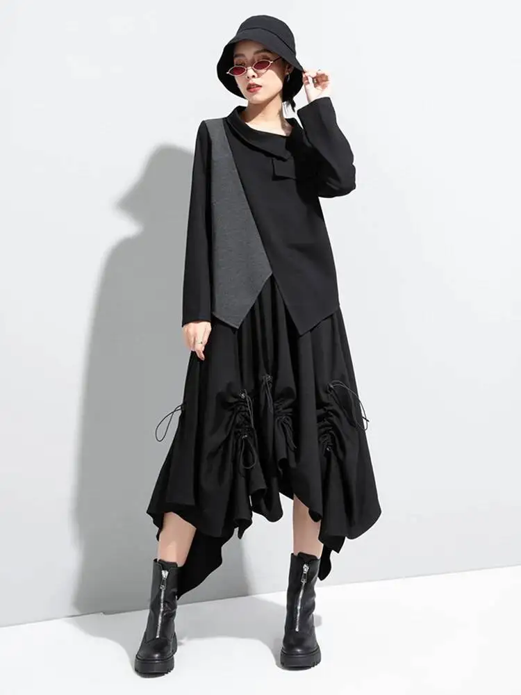 Gray Women Black Color-block Irregular Big Size T-shirt New Lapel Long Sleeve Fashion Spring Autumn 2026 F3D8