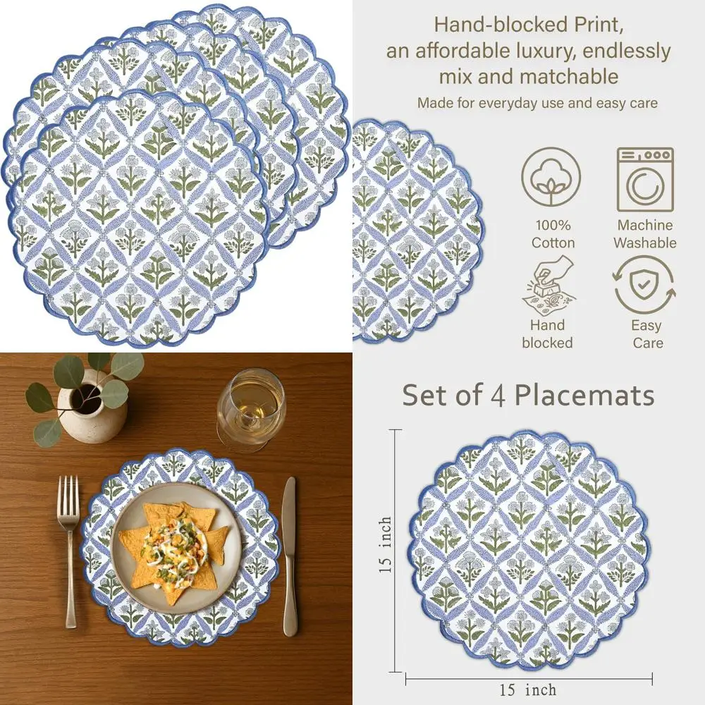 

Easter Floral Cotton Placemats with Embroidery Block Print, Set of 4, 15 Inch Round Washable Table Mats