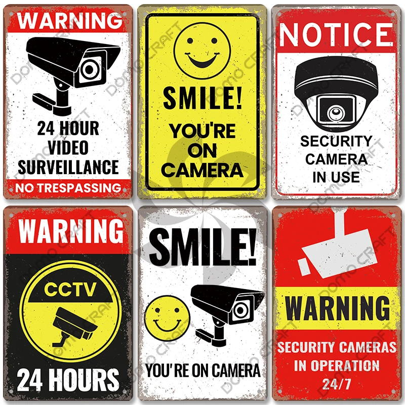 Warning CCTV Tin Signs Metal Plaque Notice 24 Hour Security Camera Vintage Poster Metal Plate Wall Decor for Mall Shop Bar Home