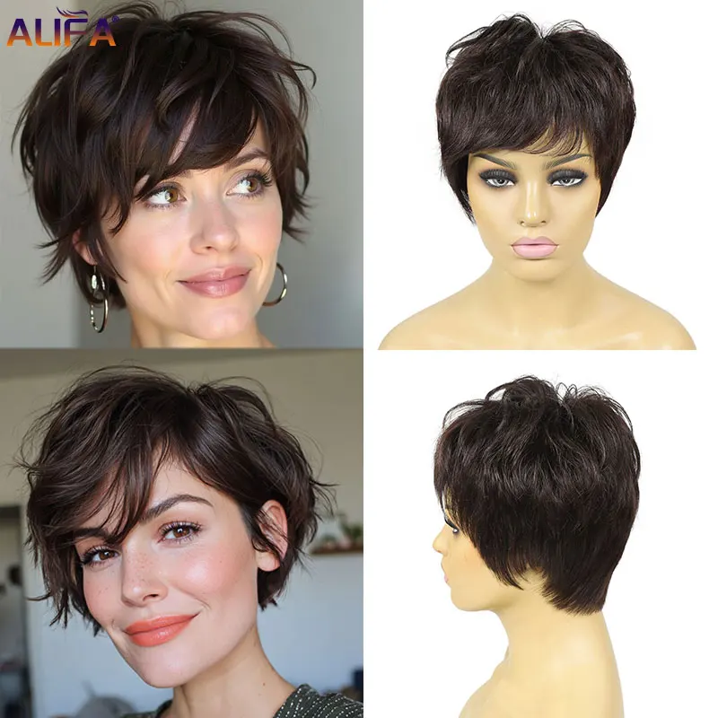 Human Hair Wig with Bangs Wavy Layered Pixie Cut for Women Daily Wear Pixie Cut Wigs for Women Brazilian Virgin Curly Wave Human  main image 4