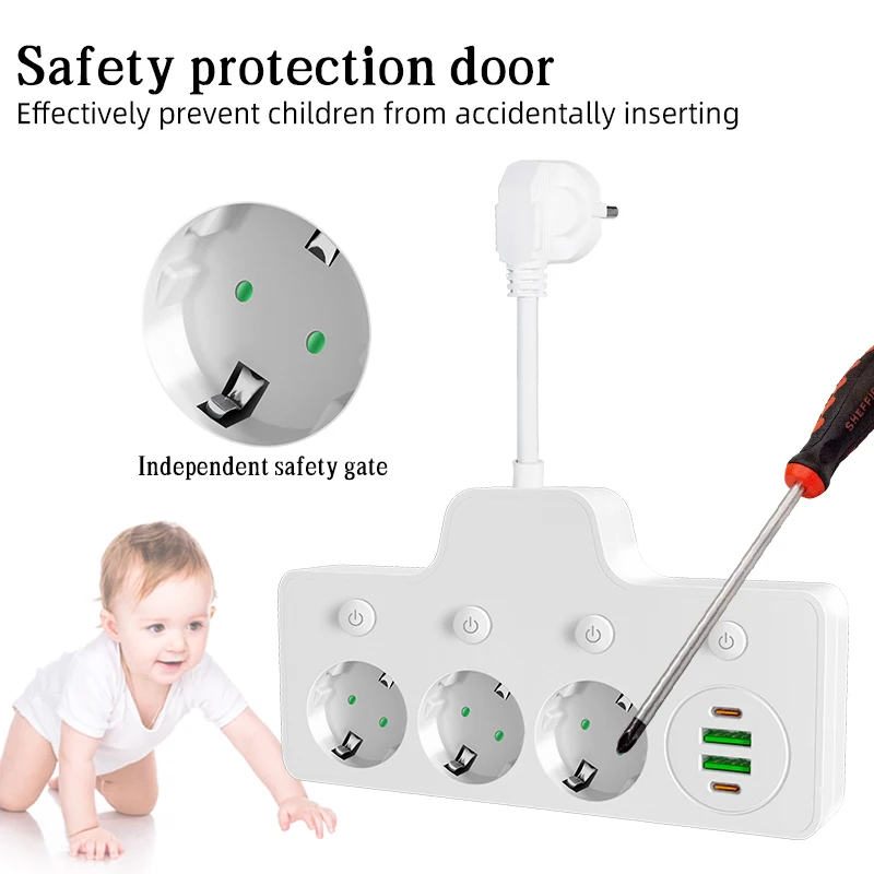 الاتحاد الأوروبي التوصيل قطاع الطاقة مع 3 منافذ التيار المتناوب + منفذ USB + نوع C محول مأخذ التوصيل شاحن الحائط للمنزل مكتب شبكة تصفية شحن سريع