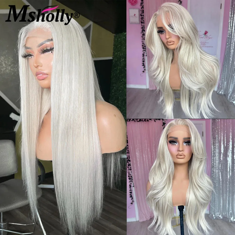 Perruque Lace Front Wig naturelle Remy lisse blond 60-platine, 13x4, densité 180%