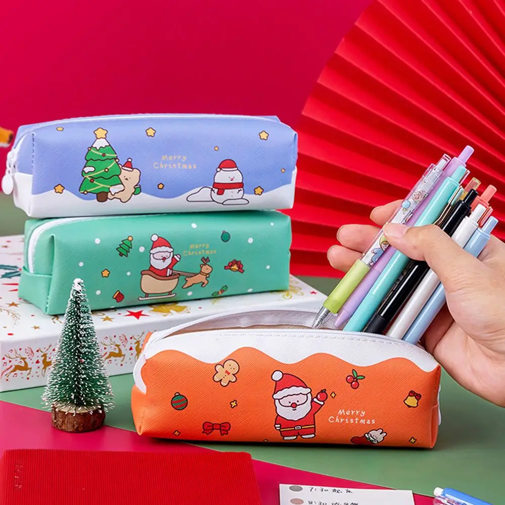 Trousse à crayons de grande capacité avec fermeture éclair, fournitures scolaires et de bureau, bonhomme de neige, wapiti, arbre de Noël