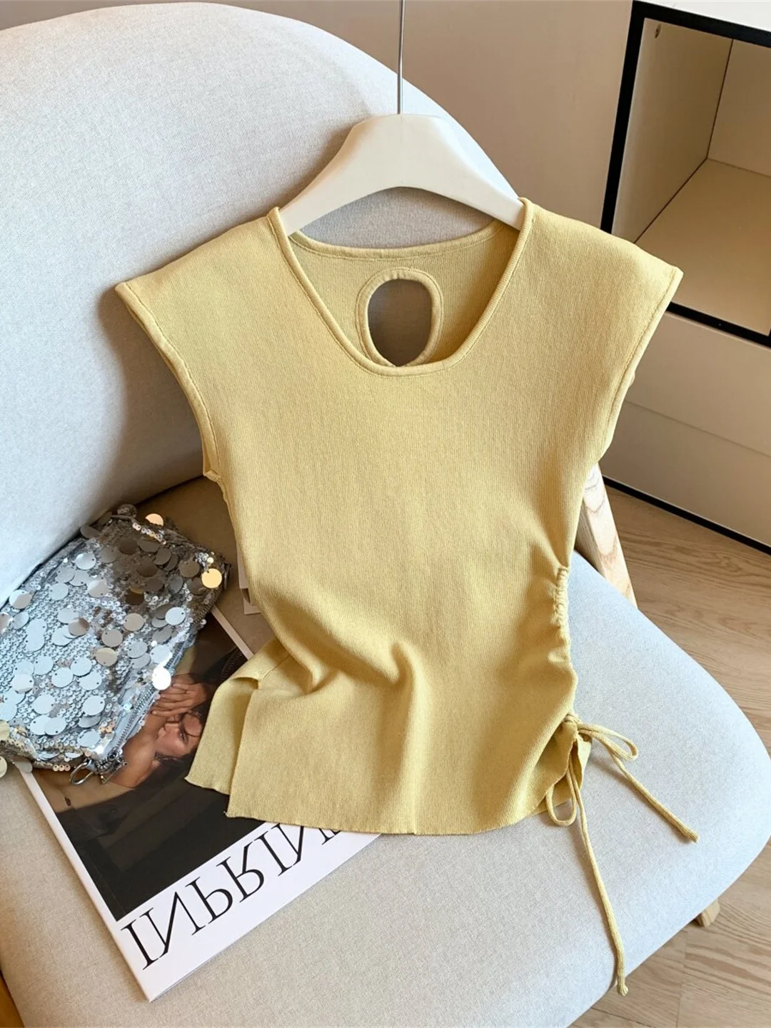 

Топ из трикотажа Ice Silk Slim Fit с вырезами и завязками для женщин, с круглым вырезом, летний, повседневный, в корейском стиле