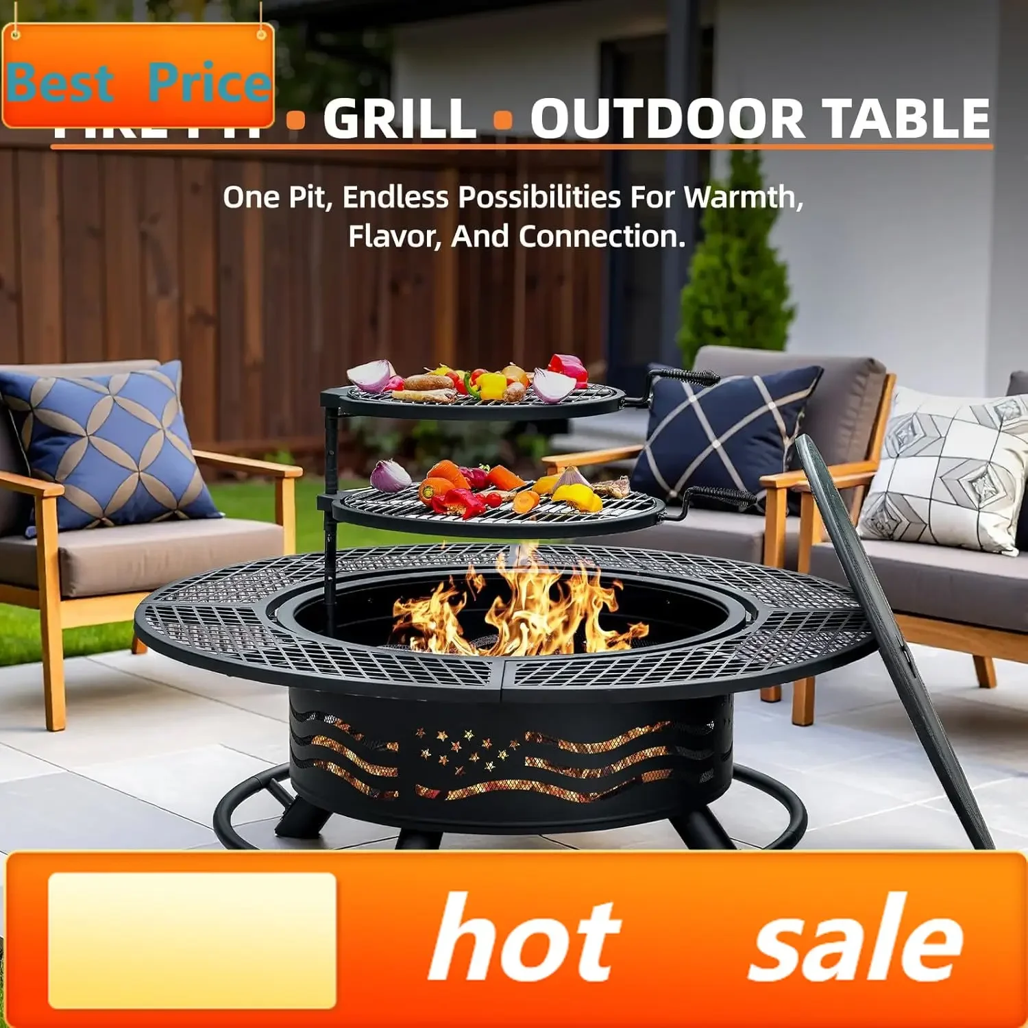47 Inch Fire Pit with 2 Cooking Grates, Outdoor Wood Burning BBQ Grill Firepit Bowl with Cover Lid, Steel Round Table for Backya