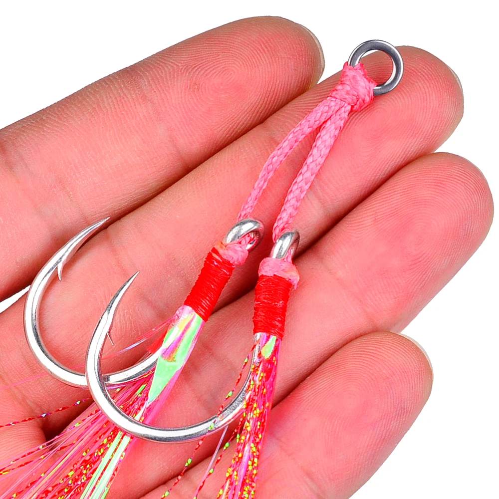 High Carbon Steel Fishhook Fishing Hook Jigging Assist Hook Barbed Single Jig Hooks Thread Feather 1/0 2/0 3/0 4/0 5/0 2pairs