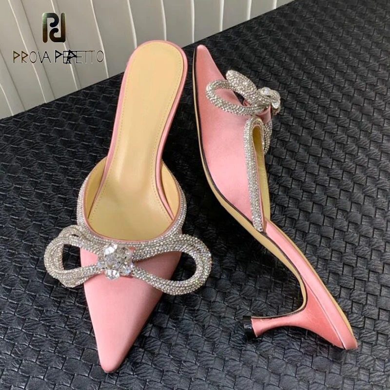 

Rhinestone Bowtie Ladies Party Slipper Shoe Pointed Toe Gemstone Decor Satin Real Leather Mules Fashionable Luxury Sexy Sandals