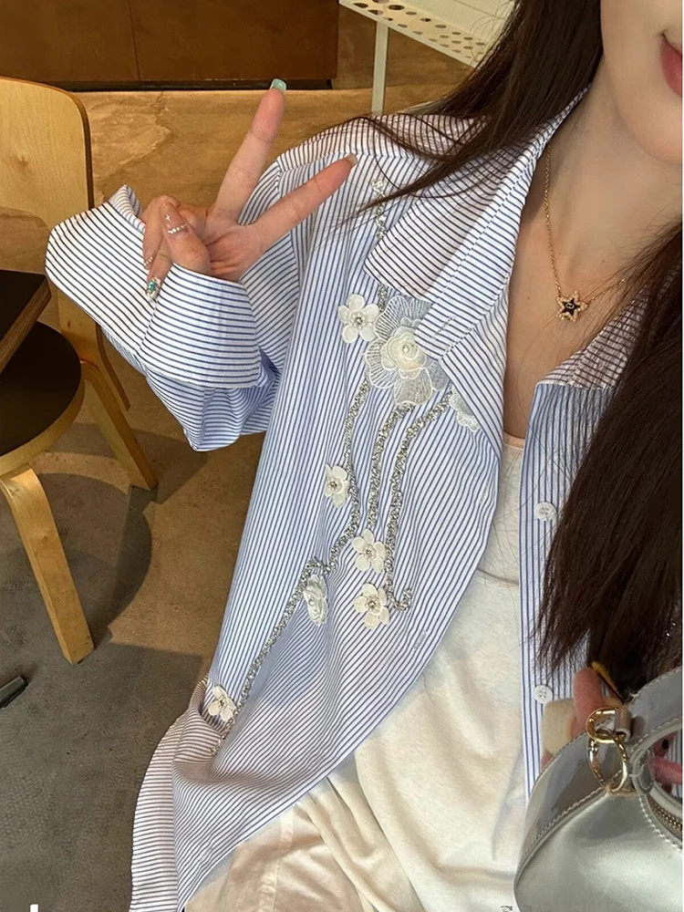 

Harajuku Japanese Style Handmade Floral Embroidered Long Sleeve Blouse Spring Fashion Oversized Feminine Striped Collar Shirt
