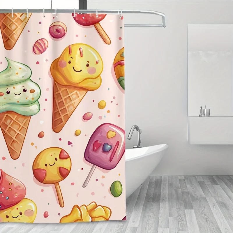 Cute Ice Cream Shower Curtain - Cartoon Sweet Cone & Popsicle Pattern, Kawaii Food Print, Waterproof Bathroom Decor