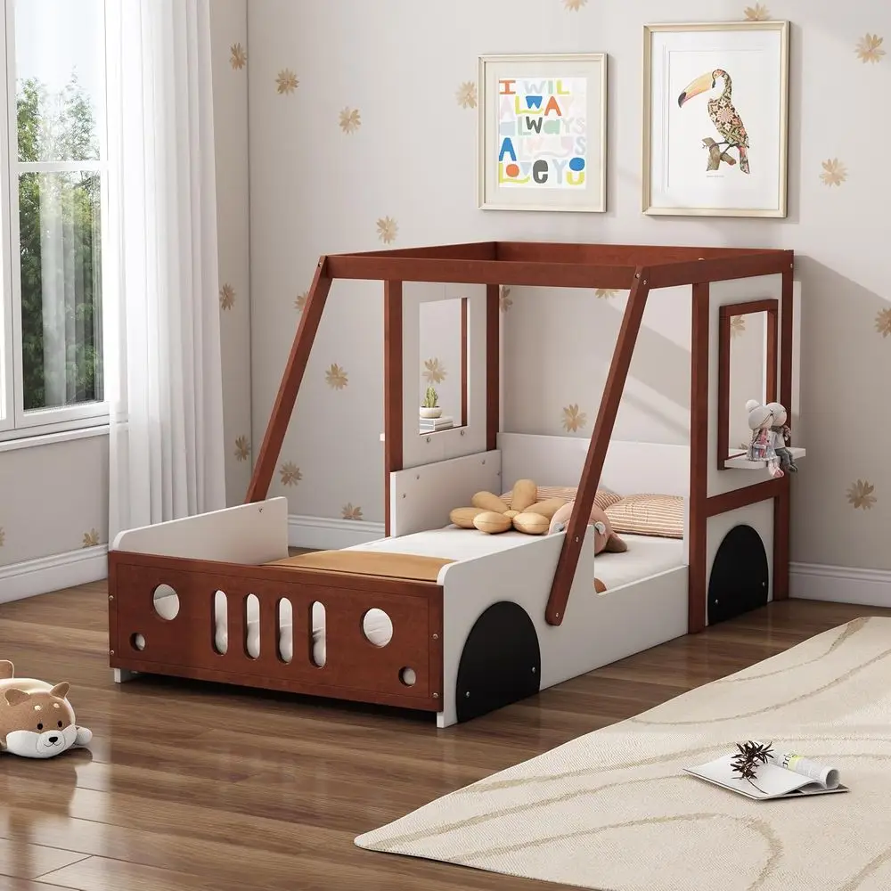 

Детская кровать-машинка Harper & Bright Designs Twin Size, деревянная кровать-платформа Монтессори, кровать-платформа Twin с колесами и дверцей, игровая кровать