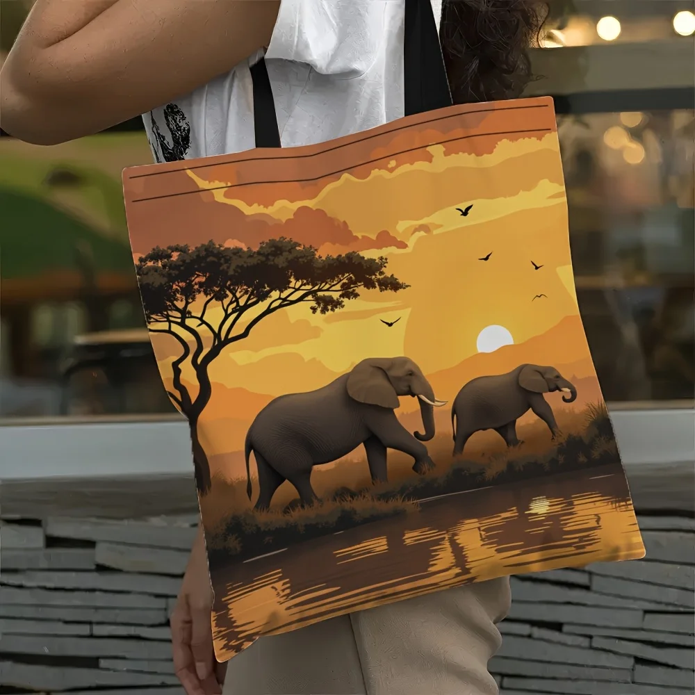 1pc Tote Bag with 2D Flat Effect, African Savanna Sunset Elephant Mother and, Acacia Tree, Waterfront, Flying Birds Scenery Illu