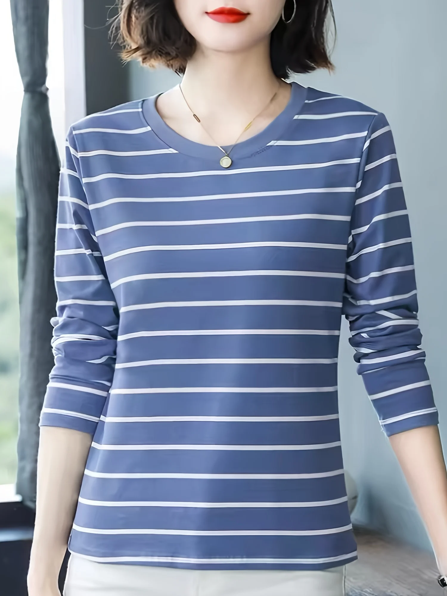 

Women's fashion round neck striped pattern long sleeve casual daily can be machine washed but not dry cleaned