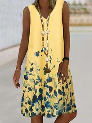 Women's Sleeveless V-Neck Dress Plant Print Dresses Flower Pattern Beach Casual Top Summer Clothing Sexy 2024