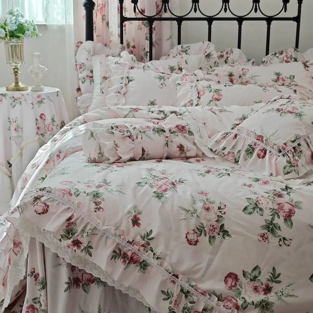 Romantic Quilt Cover French Princess Style Country Rose Floral Lace Bed Covers 100% Cotton Bedding Single Piece Duvet Cover