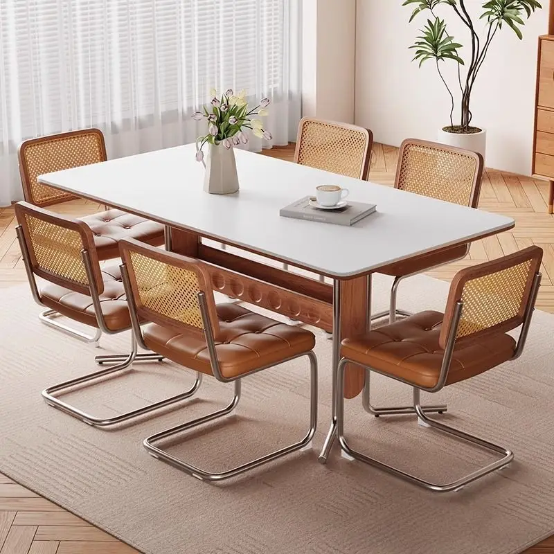 

Customizable cream wabi sandy wind solid wood rock slab dining table new