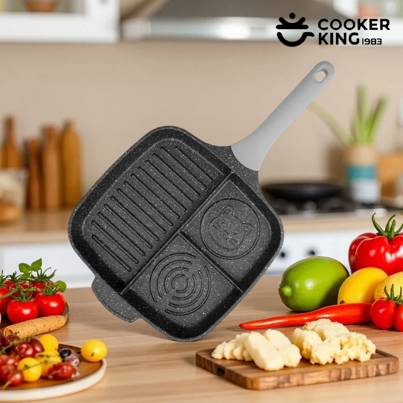

COOKER KING Three-Grid Pancake Pan Kitchen Breakfast Omelette Pot Non-stick Skillet for Hot-dog＆Eggs＆Steak Induction Compatible
