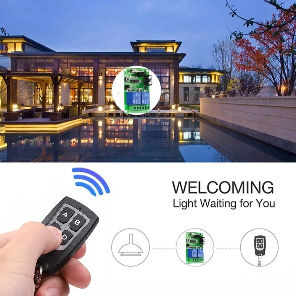 433MHz RF Wireless Remote Control Switch DC 12V 2 Channels RF Relay Module 100m Control Distance for Light/LED/Gate/Motor/DIY