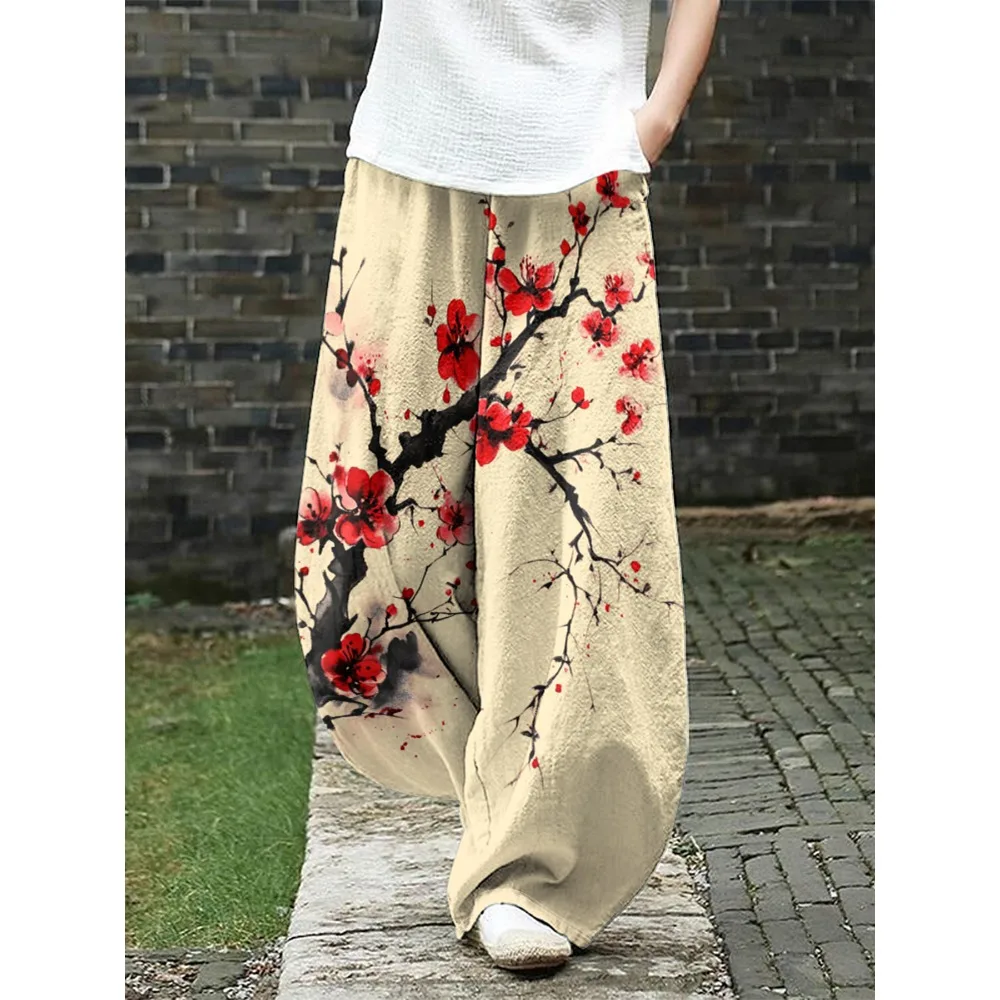 Japanese Plum Blossom Print Wide Leg Pants Women's Classic Floral Trousers Casual Summer Loose Streetwear Boho Chic Bottoms Pant