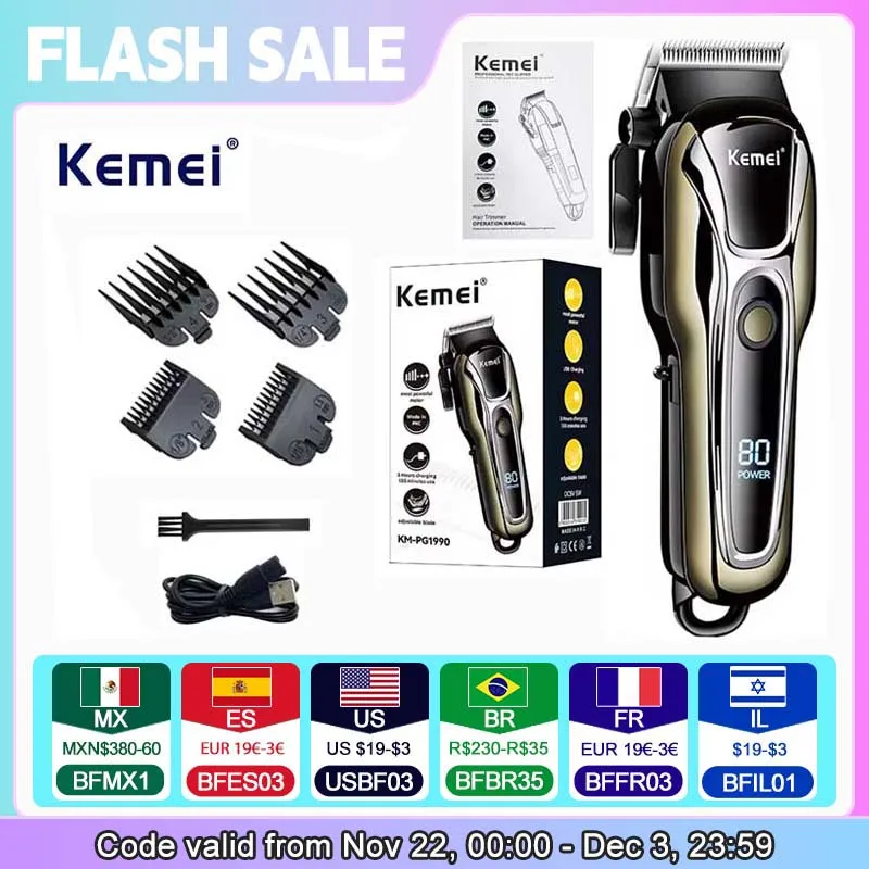 Kemei KM-PG1990A USB Rechargeable Electric Hair Clipper Professional Cordless Men Hair Trimmer Men\'s Hair Cutting Machine