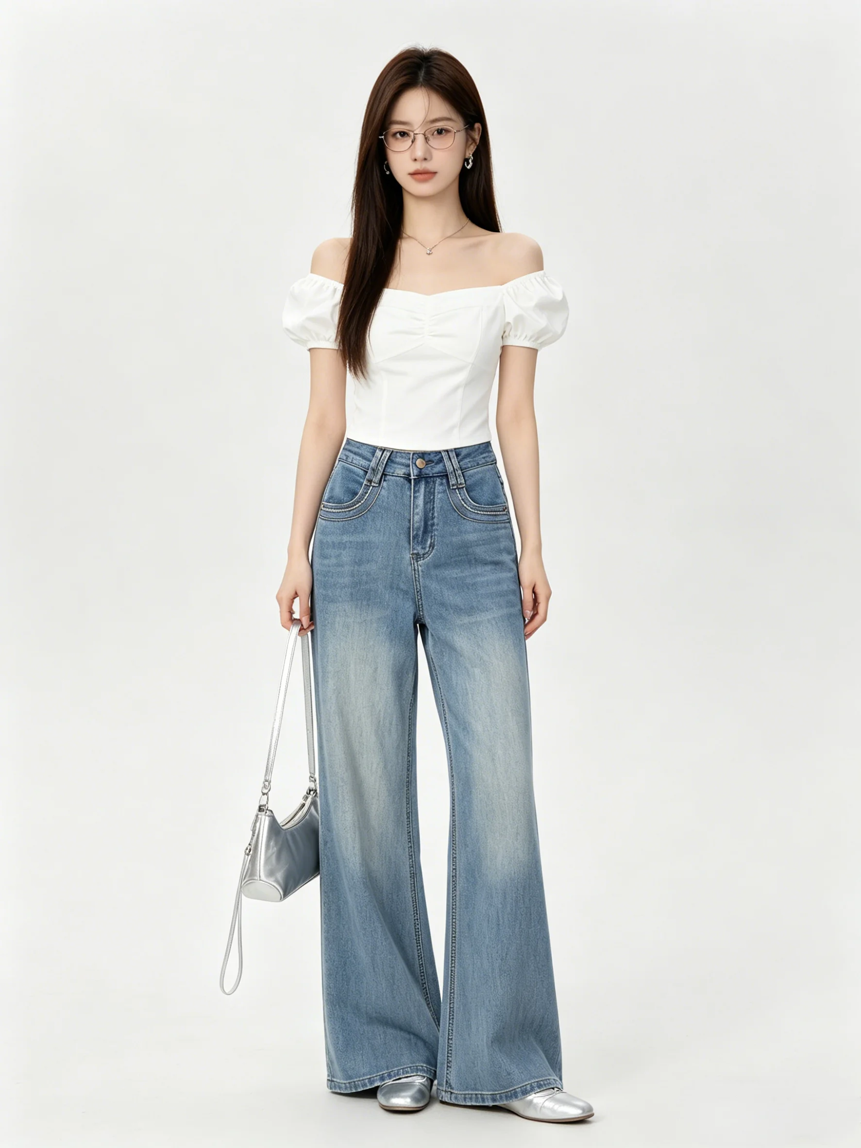 

Light Blue High Waist Bell Bottom Jeans Skin Friendly Slimming Washed Denim Pants Korean Style Spring Summer New Arrival