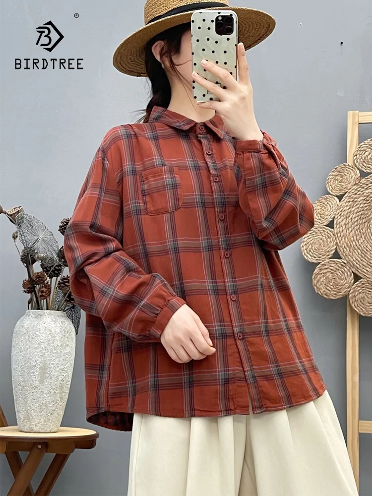 

Новинка 2025, осенняя рубашка с длинными рукавами из хлопковой пряжи, женская клетчатая рубашка с отложным воротником, мягкая свободная блузка в стиле ретро Mori Girl T5O328CC