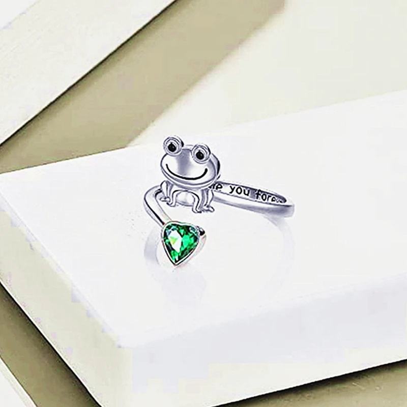 Love You Forever Frog Animal Rings For Women Men Vintage Blue / Green Heart CZ Stone Party Decoration Ring Resizable Unisex Gift