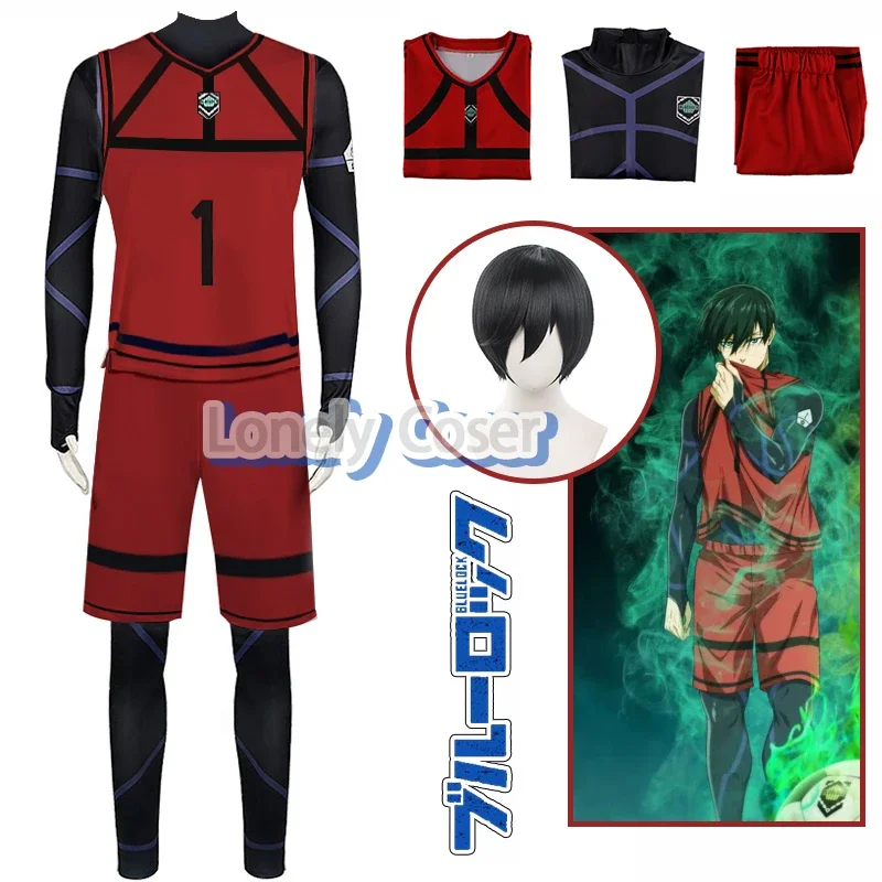 IN STOCK Anime Blue Lock Rin Itoshi Red Uniform Cosplay Costume Wig #1 Football Jersey Team Sportswear Jumpsuits Vest Shorts