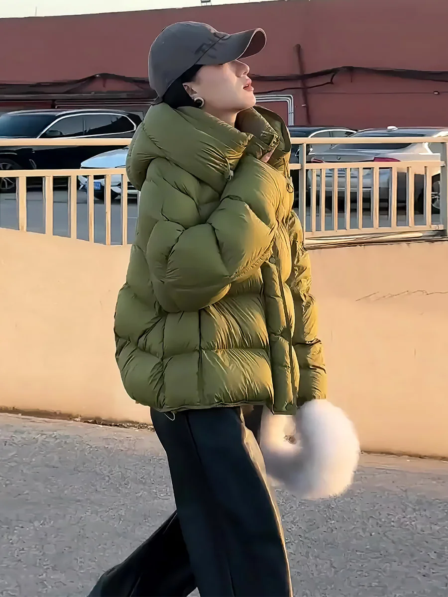 Damska kurtka puchowa z kapturem, ocieplana, biała, zimowa, modna, do dojazdów do pracy, nowość 2024