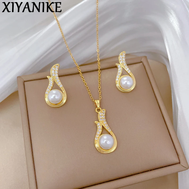

XIYANIKE316L Stainless Steell Necklace Earring Set For Women Pearl Zircon Water Droplet Design Personal Clavicle Chain Ear Studs