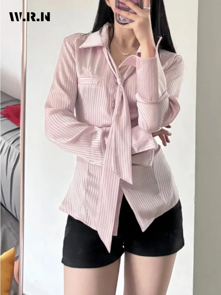 New Design Pure Desire Satin Silk Smooth Waist Shirt Long Sleeve Women's Tie Top Versatile Blue Pink Fashion