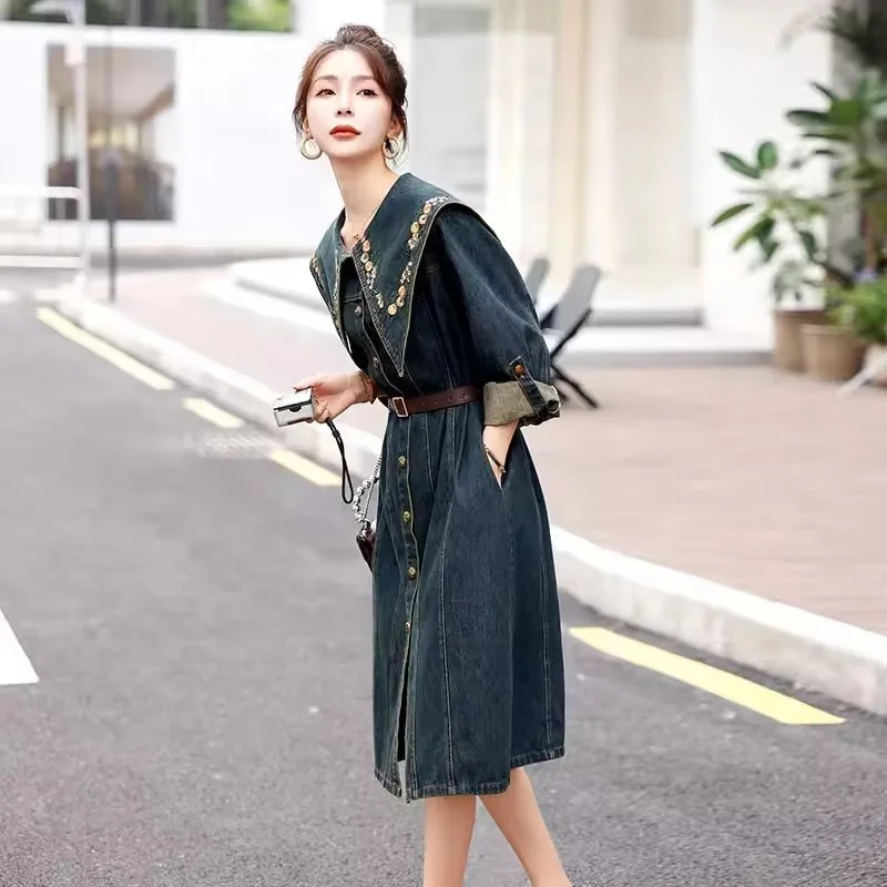 Autumn Denim Dress Women Retro Embroidered Long Sleeves Jeans Dress Ladies Doll Collar Dress New High-end Exquisite Denim Dress