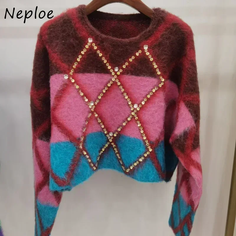 Neploe Autumn Winter Vintage Jersey Mujer Sweater Y2k O Neck Argyle Contrast Color Pull Femme Diamonds Shiny Long Sleeve Jumpers