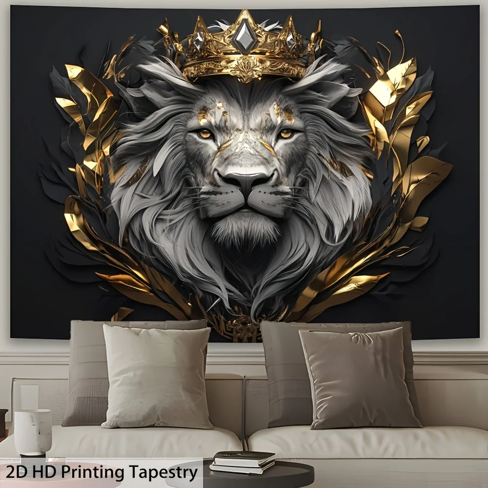 Golden Crown Lion Tapestry, Majestic King of Jungle Portrait, Luxury Animal Wall Art for Living Room Bedroom Decor