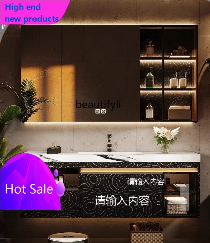 C456   Italian light luxury bathroom cabinet combination rock slab hot bending integrated basin washing table wash basin custo