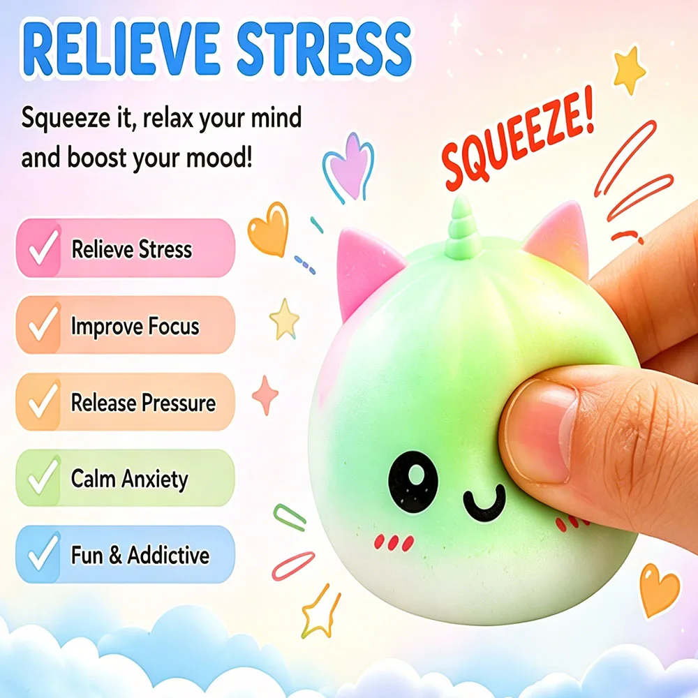 Unicorn Cat Ear Bao Bun Squishy Rainbow Gradient Soft Squeeze Anxiety Relief Office Desk Companion Vent Gadget Random Gift view 2