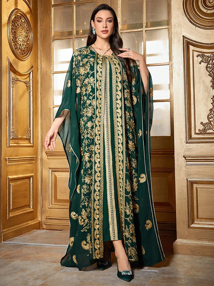 Eid Djellaba Dubai Embroidery Abaya Open Kimono Maxi Dress 2 Pieces Set Jalabiya Women Muslim Kaftan Evening Morocco Turkey Gown